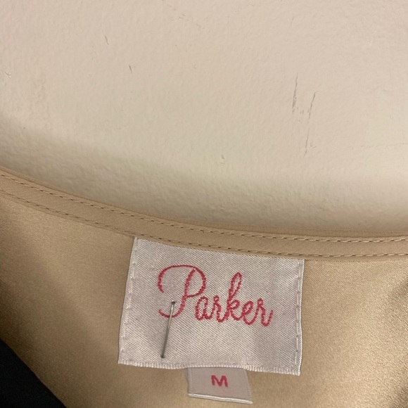 Parker Women's Black and Cream Silk V Neck Mini Dress Size Medium Classic Dressy - Picture 4 of 16